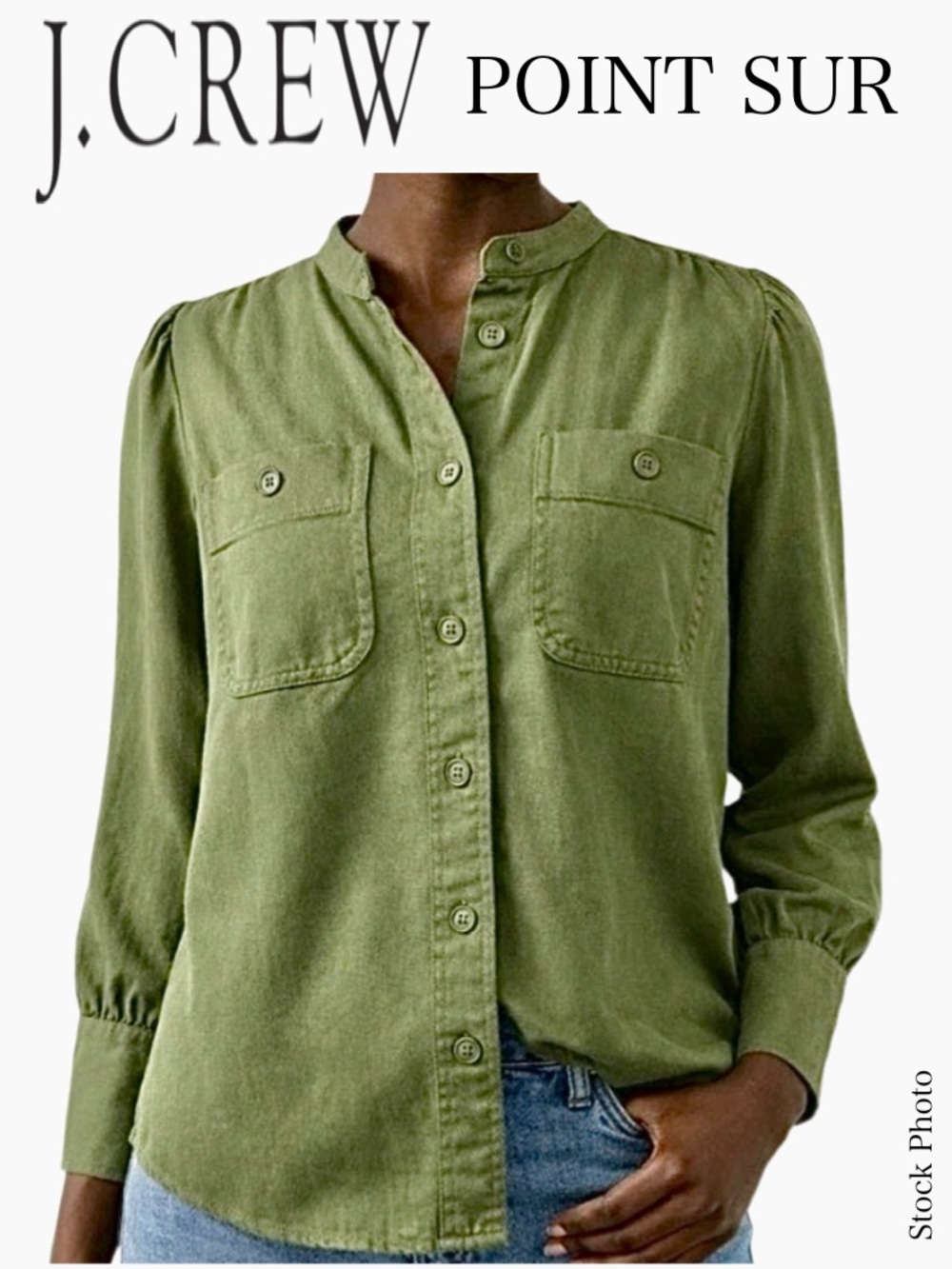 J.Crew Point Sur Draped Twill Button Down Shirt Army Olive Green AD266 (Size L)